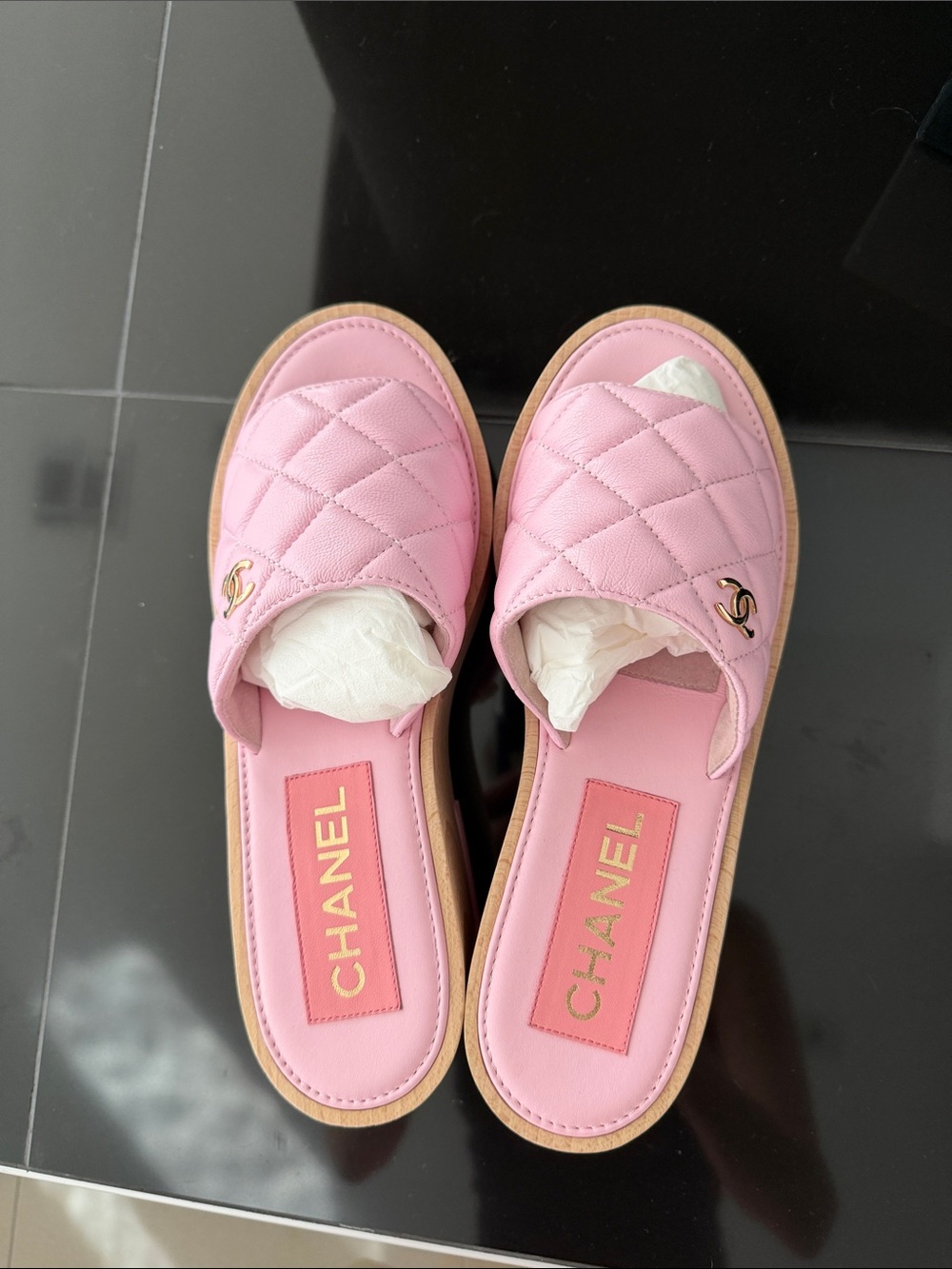 CHANEL Pink Quilted Leather Slide Mules with Gold CC